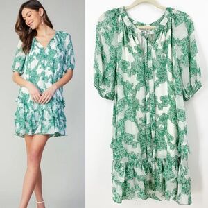 Current Air Abstract Motif Tie Neck Ruffled Mini Dress in Deep Mint Sz L